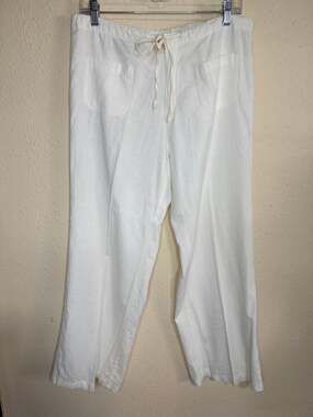 Women's White Wide Leg Size Large Petite Linen Rayon Blend Coastal Beach Pants